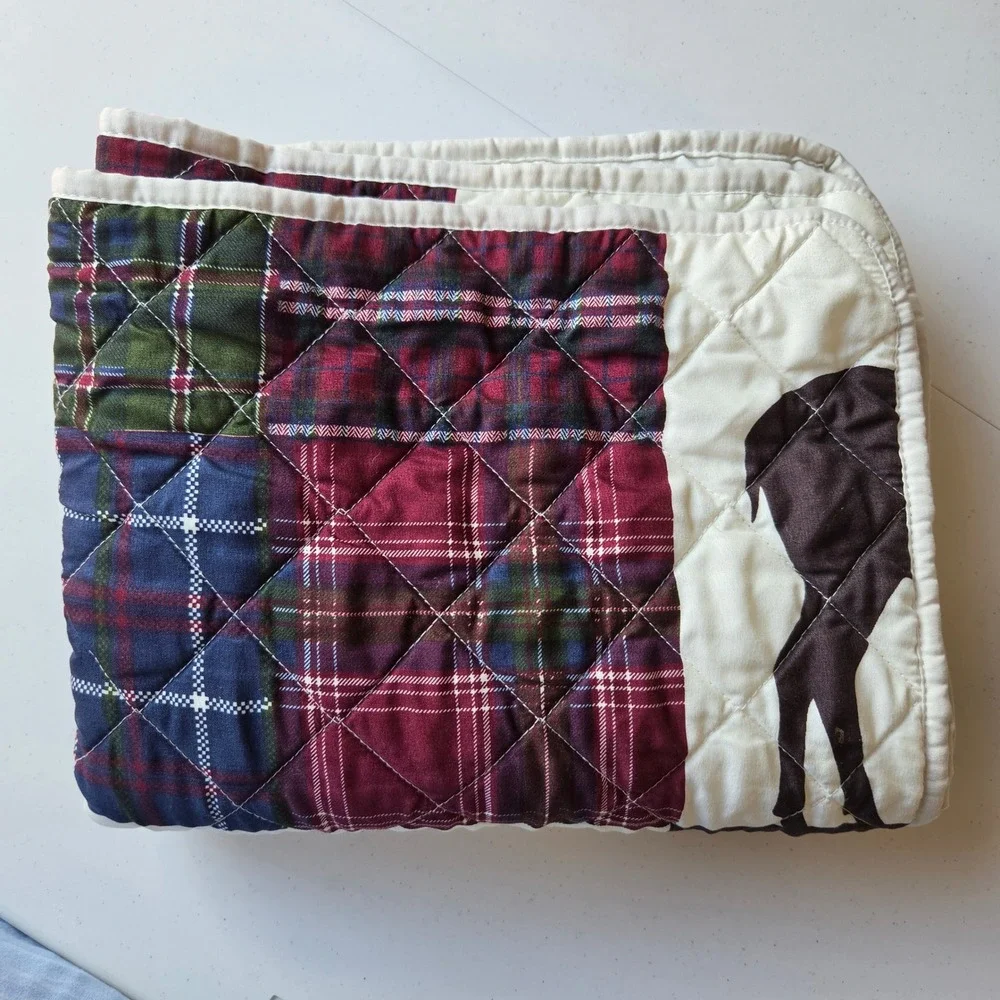 Rustic Lodge Elk Plaid Patchwork Quilted Pillow Sham Set of 2 Brown Cream 25x19